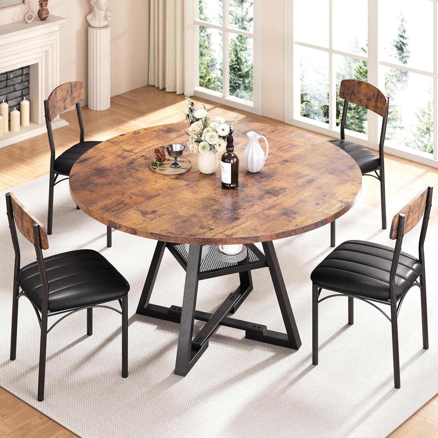 Dining Table Set for 4,Kitchen Table and Chairs for 4, Round Dining Room Table with Upholstered Chairs, 5 Piece Space Saving Circle Wood Kitchen & Dining Room Dinner Dinette Table Set (Vintage, 42In)