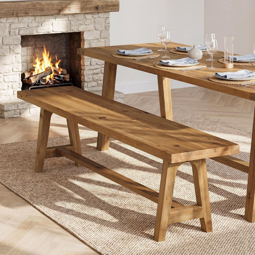 Solid Wood Dining Bench, 63 Inch Long Farmhouse Kitchen Bench for Dining Room, Kitchen, Easy to Assemble, Brown