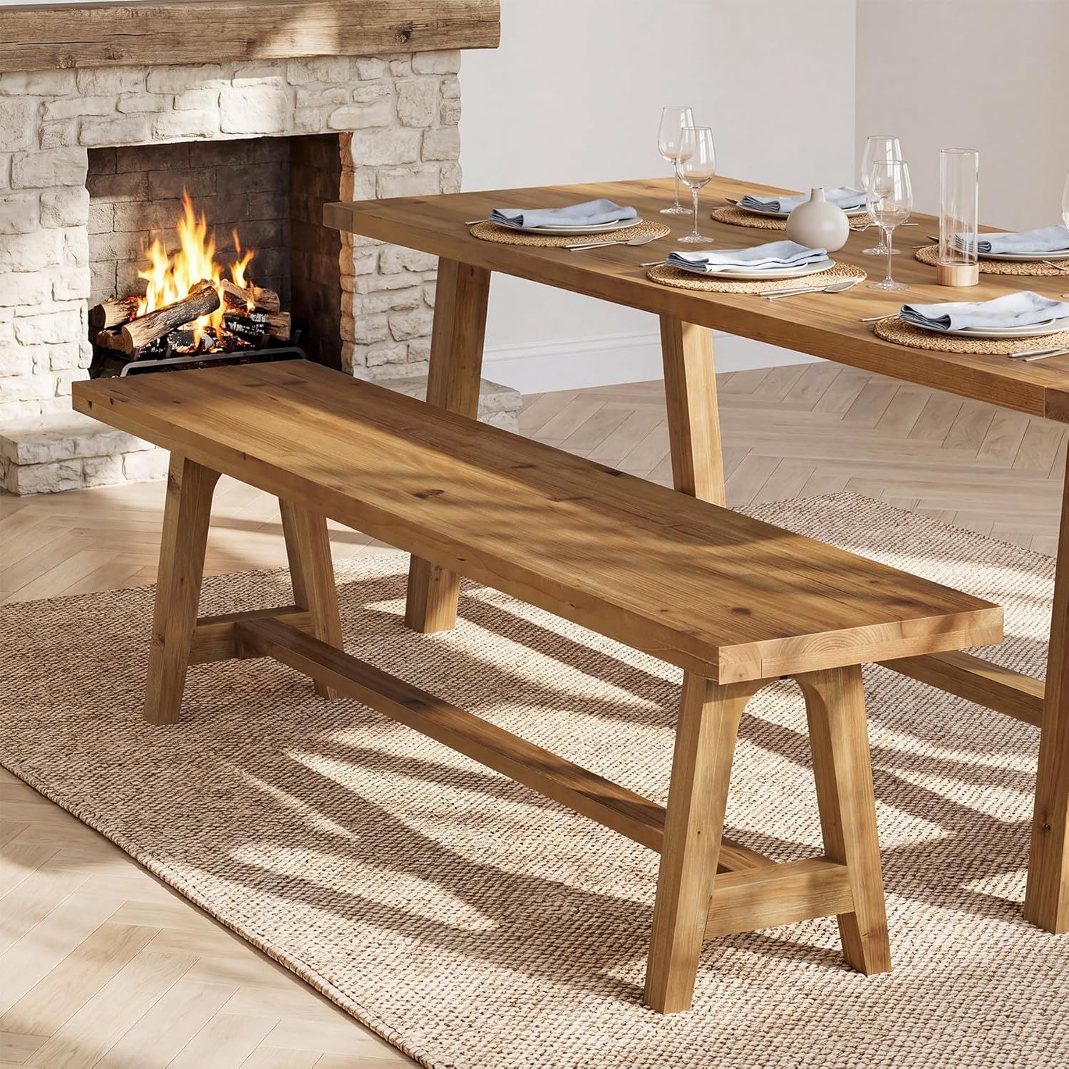 Solid Wood Dining Bench, 63 Inch Long Farmhouse Kitchen Bench for Dining Room, Kitchen, Easy to Assemble, Brown