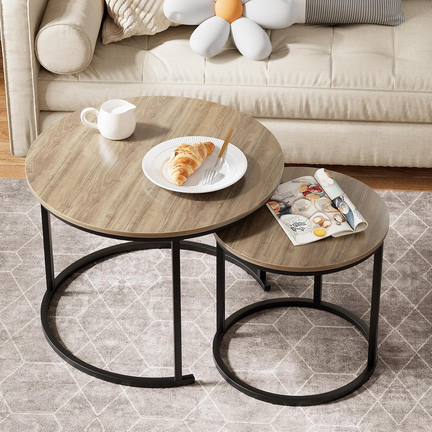 Garden 4 you Nesting Coffee Table, 23.6" Round Coffee Table Set of 2, Wooden Nesting Table Set with Metal Frame, Side Tables for Living Room Bedroom Balcony, Brown
