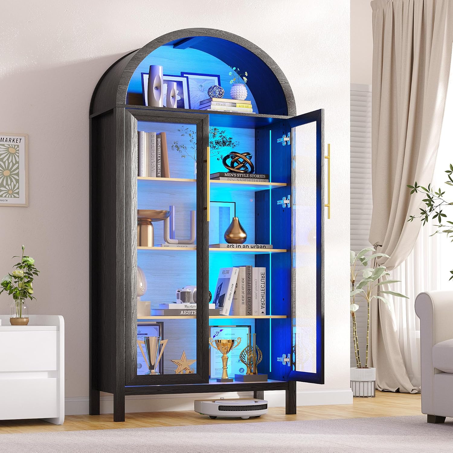 Dystler Display Cabinet with Glass Doors, 5-Tier Tall Curio Cabinet with LED Lights Display Case for Collectibles, Black