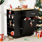 HQZX Rolling Kitchen Island with Trash Can Storage, Black | Portable & Movable & Lockable Wheels, Towel Rack & Spice Rack, Tilt Out Trash Can Cabinet with Drawer, Mobile Island Cart
