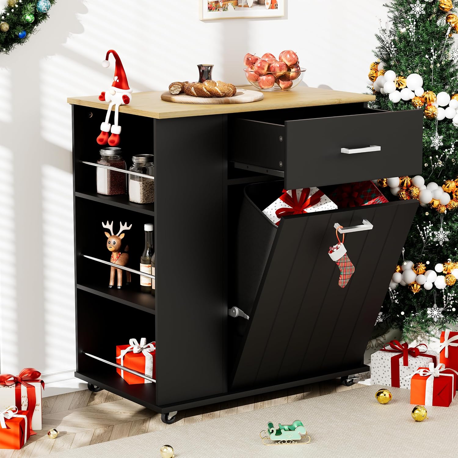 HQZX Rolling Kitchen Island with Trash Can Storage, Black | Portable & Movable & Lockable Wheels, Towel Rack & Spice Rack, Tilt Out Trash Can Cabinet with Drawer, Mobile Island Cart