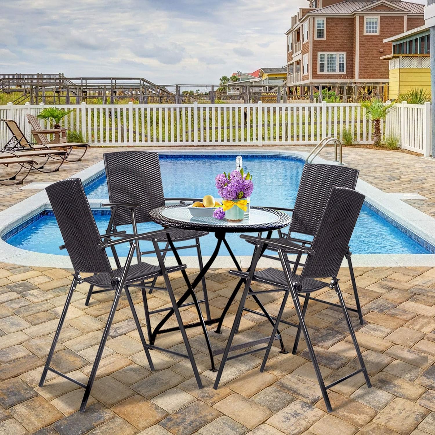 Casart Folding Wicker Rattan Bar Chairs Set of 4, Tall Stool with Back, Steel Frame, Armrests and Footrest, Bar Stools Garden Patio Furniture Set