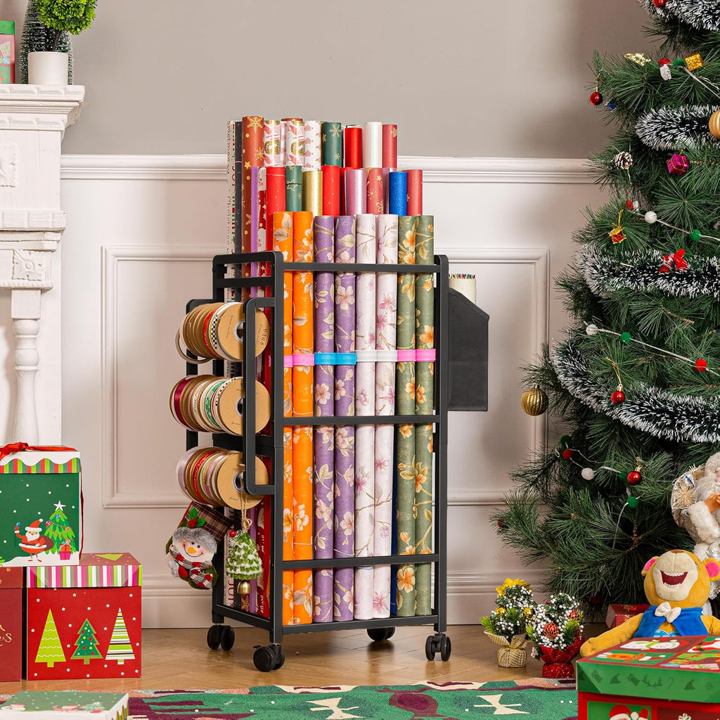 Aquzee Wrapping Paper Storage, Rolling Gift Wrap Storage Stand, Vertical Wrapping Paper Organizer Storage Cart, Ribbon Organizers, 12 PCS Slap Bands, 9 Adjustable Rod Design, Black