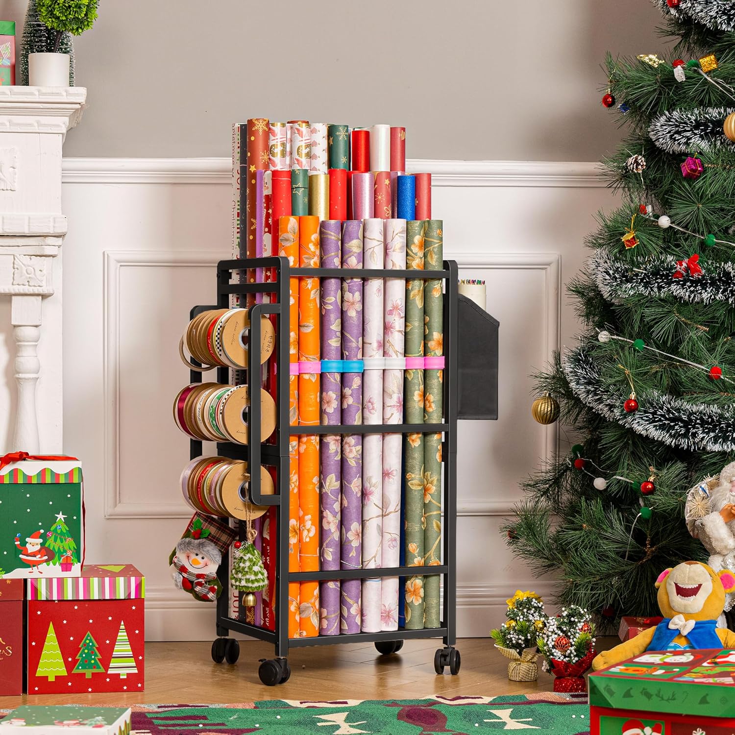 Aquzee Wrapping Paper Storage, Rolling Gift Wrap Storage Stand, Vertical Wrapping Paper Organizer Storage Cart, Ribbon Organizers, 12 PCS Slap Bands, 9 Adjustable Rod Design, Black