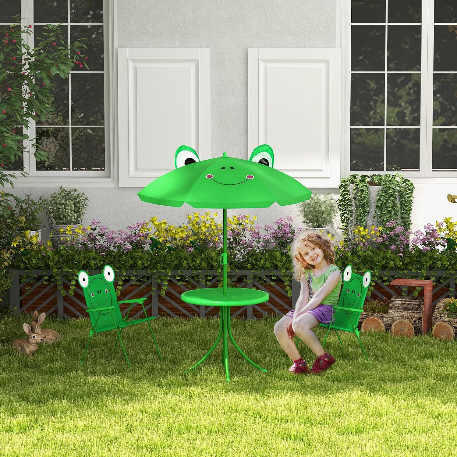 Folding Table and Chair Set for Garden, Backyard, Green