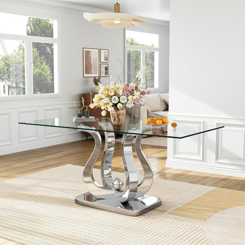 AF ARTISAN FURNITURE 69" Modern Tempered Glass Dining Table for 6-8, Rectangular Glass Kitchen Table with Mirror Stainless Steel Petal Base,Silver Dining Table for Dining Room, Apartment