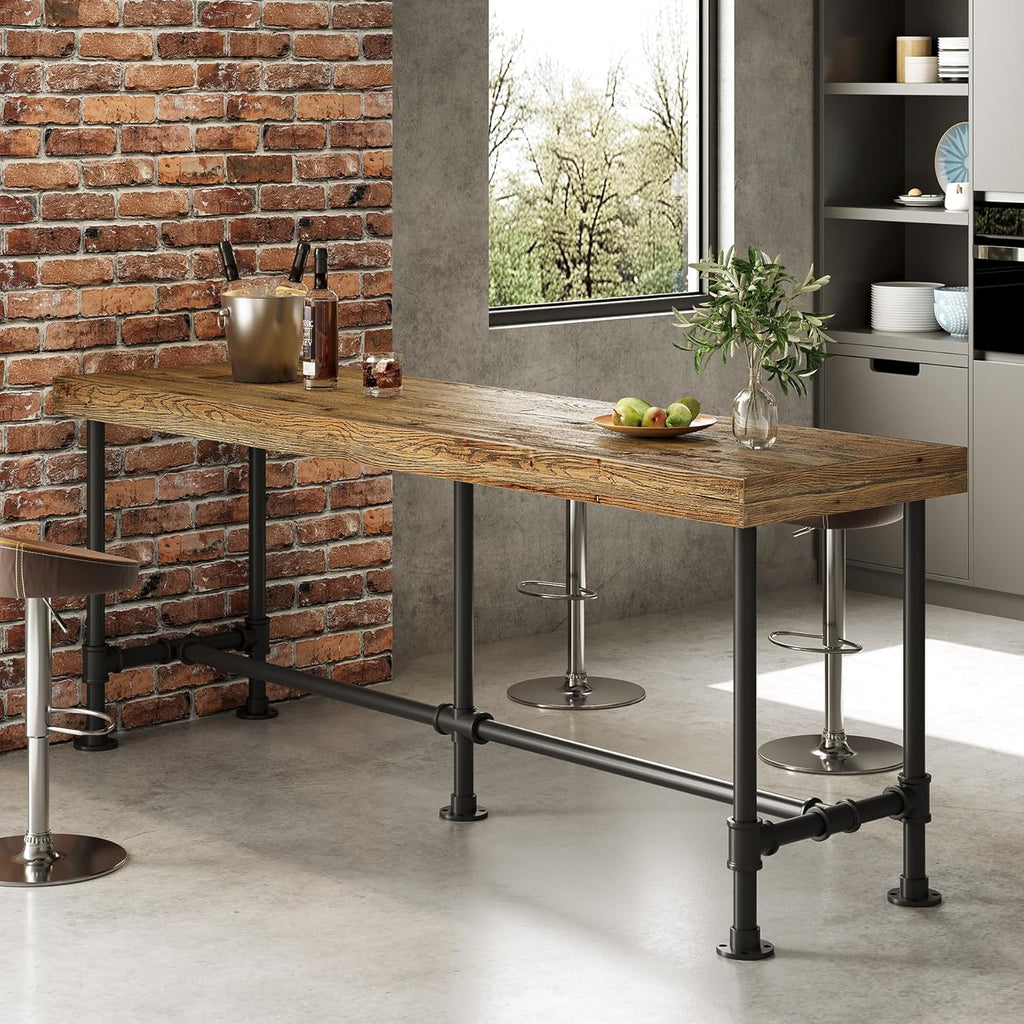 70.9-Inch Long Solid Wood Bar Table for 6-8 People, Industrial Narrow Counter Height Pub Table with Metal Footrest, Rectangular High Top Bar Unit for Kitchen Dining, Rustic Brown(Table Only)