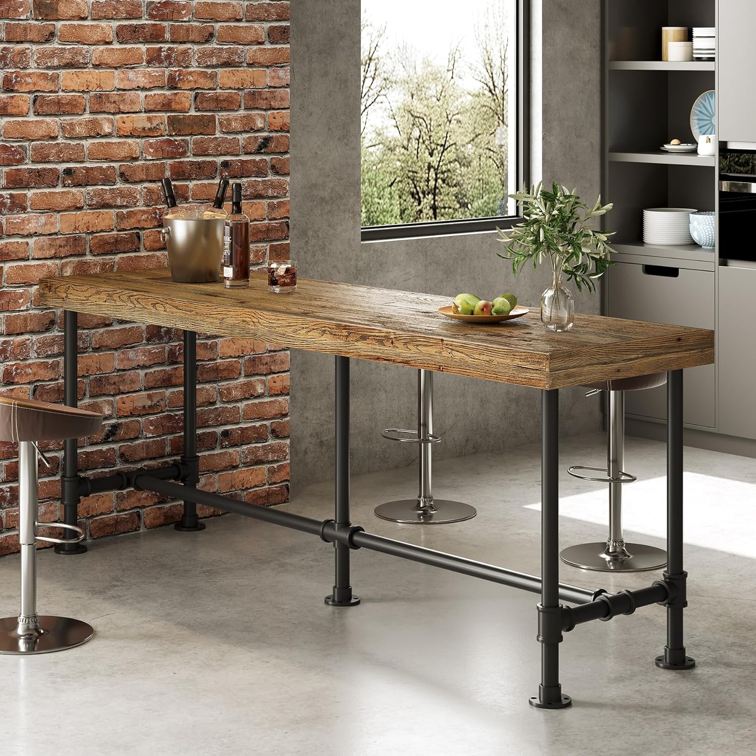 70.9-Inch Long Solid Wood Bar Table for 6-8 People, Industrial Narrow Counter Height Pub Table with Metal Footrest, Rectangular High Top Bar Unit for Kitchen Dining, Rustic Brown(Table Only)