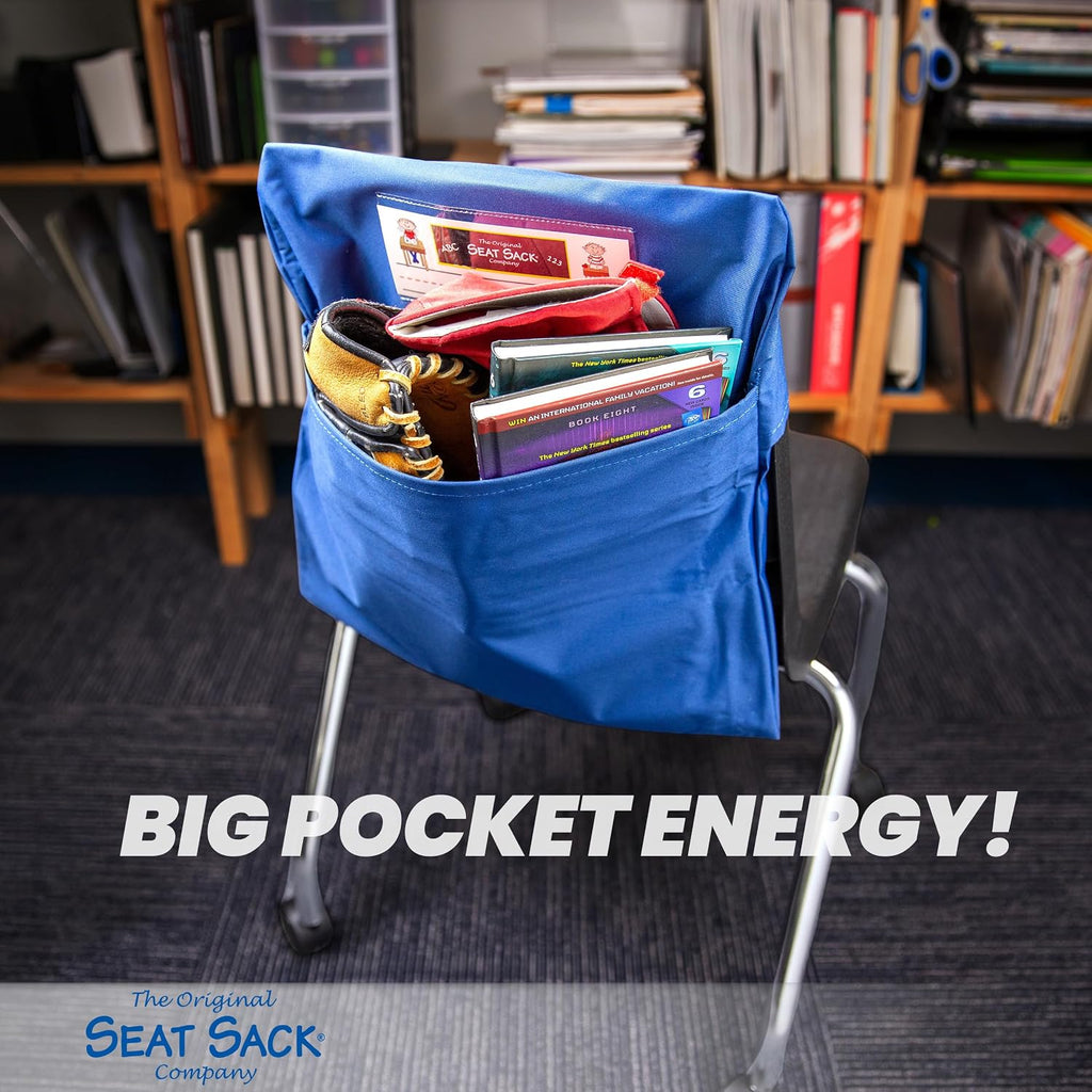 Seat Sack Student Chair Storage Pocket - 19", Single Pocket, Classroom Chair Organizer for Student Desks, Durable Over-the-Chair Storage, Ready-to-Use Name Tag Window, Blue, 1-Pack