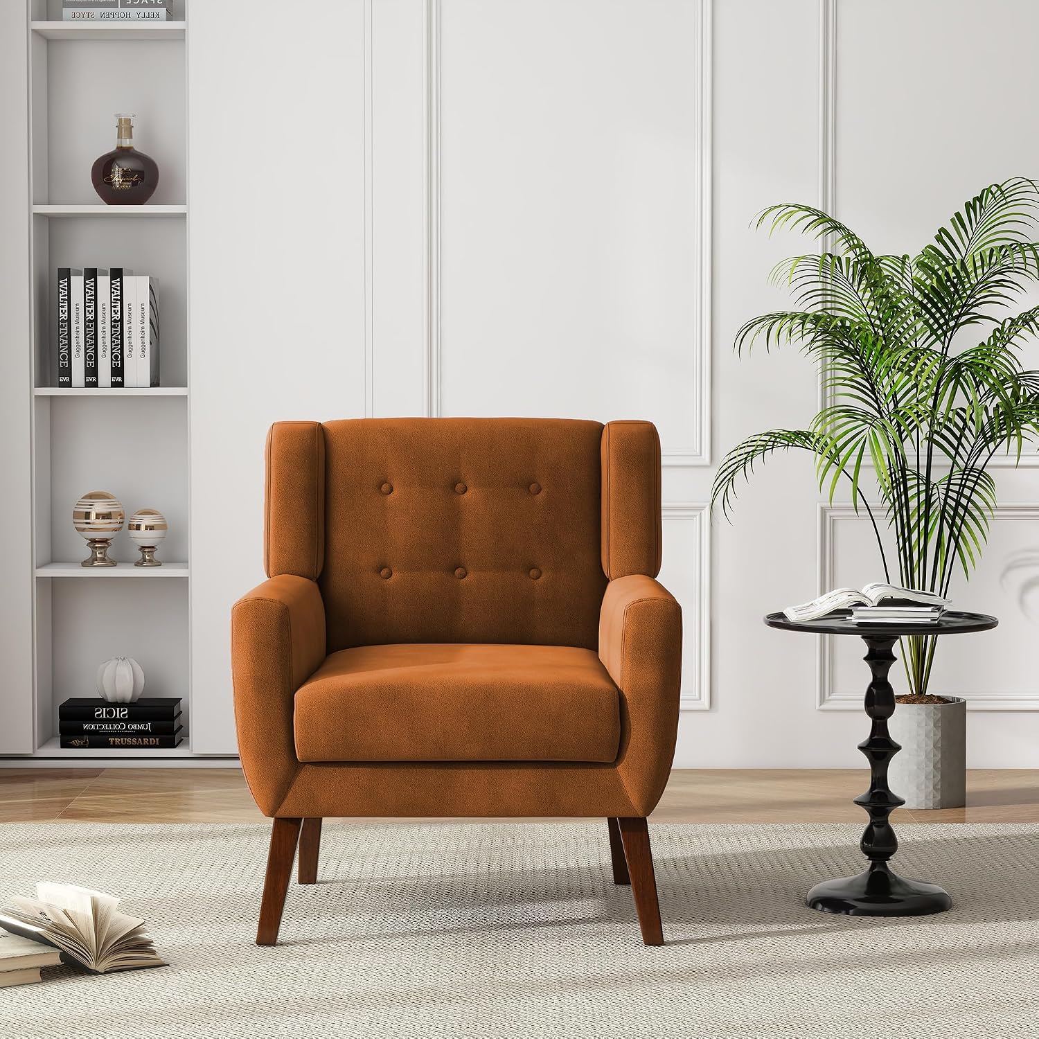 Accent Chairs Set of 2, Velvet Upholstered Armchair, Orange | Mid Century Modern Living Room Chair, Button Tufted Wingback Chair with Removable Cushion, Bedroom Side Reading Seat