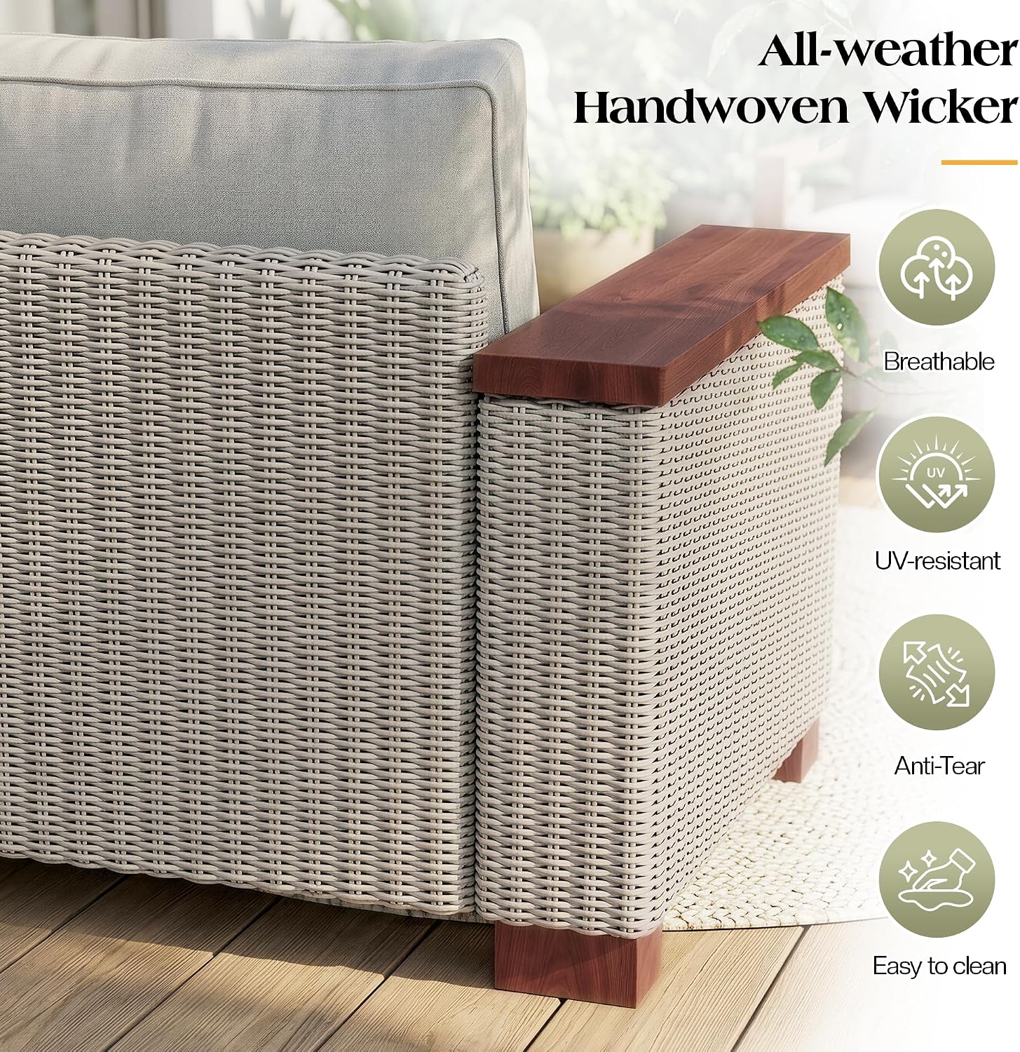PaPaJet Outdoor Loveseat Patio Sofa, Wicker Couch with Solid Armrests & Legs, 4.7" Thick Cushion, UV-Resistant Modular Sofa for Porch, Backyard, Garden