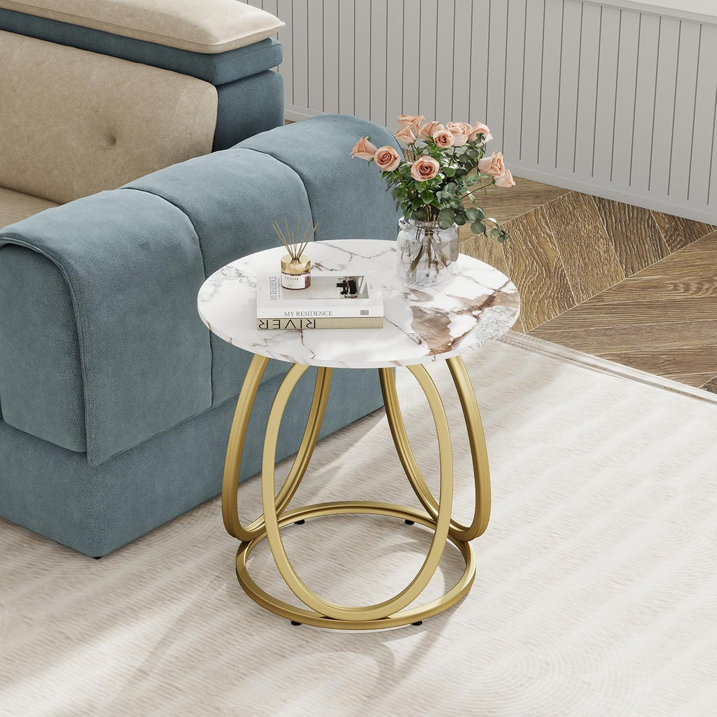 O&K FURNITURE Gold Side Table Living Room, Round End Table with Marbling Stone, Nightstand with Metal Frame, for Bedroom, Home Office, 1PC