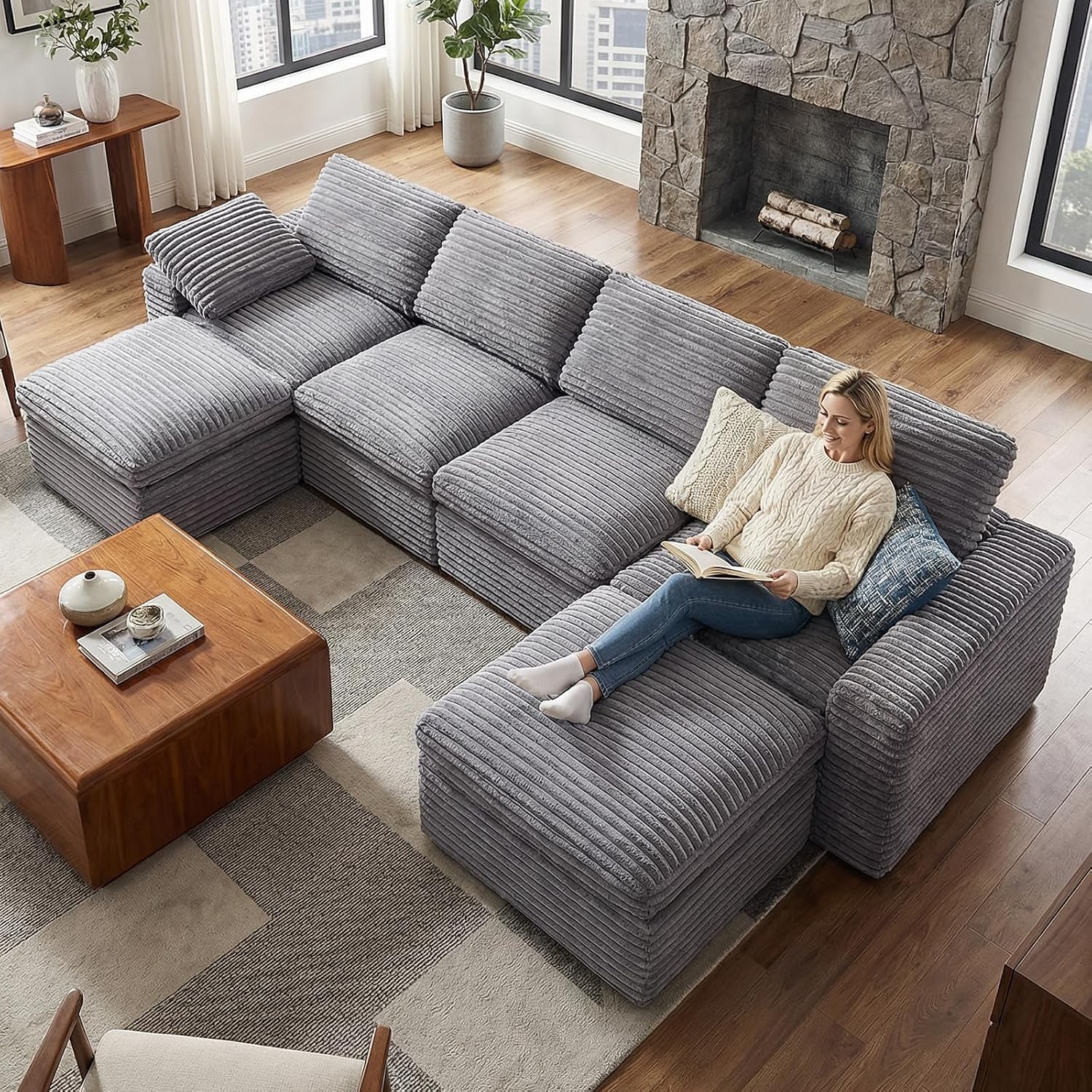 KKL 150" Modular Sectional Sofa, Cloud Sectional Couch U-Shaped with Ottoman, Corduroy Boneless Couch for Living Room Bedroom, Deep-Seat Upholstered Modular Cloud Sofa, No Assembly Required, Grey