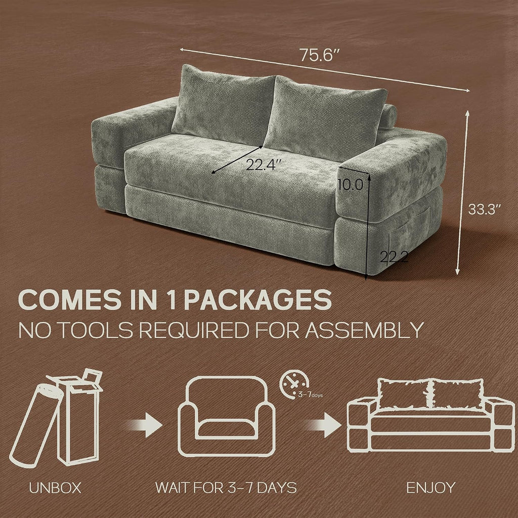 75'' Folding Convertible Sofa Bed with Large Pillow, 4-in-1 Foldable Pull Out Futon Sofa Bed, Chenille Boneless Mattress Couch, No Assembly Floor Sleeper Sofa Bed for Living Room/Bedroom, Light Brown