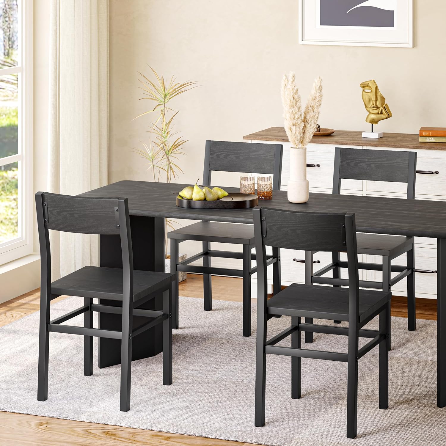 MECHYIN Dining Chairs Set of 4, Rustic Wood Dining Room Chairs with Thickened and Strengthened Metal Steel Frame & Slat Back, Modern Farmhouse Chair for Kitchen, Dining Room (4, Dark Black)