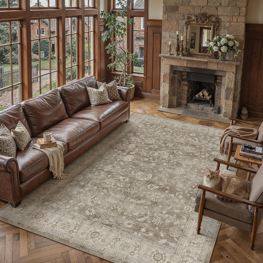 PureCozy 8x10 Washable Living Room Area Rug Brown Gray Vintage Low Pile Carpet Non Slip Soft Distressed Indoor Floral Accent Retro Large Rug for Bedroom Dining Room Office