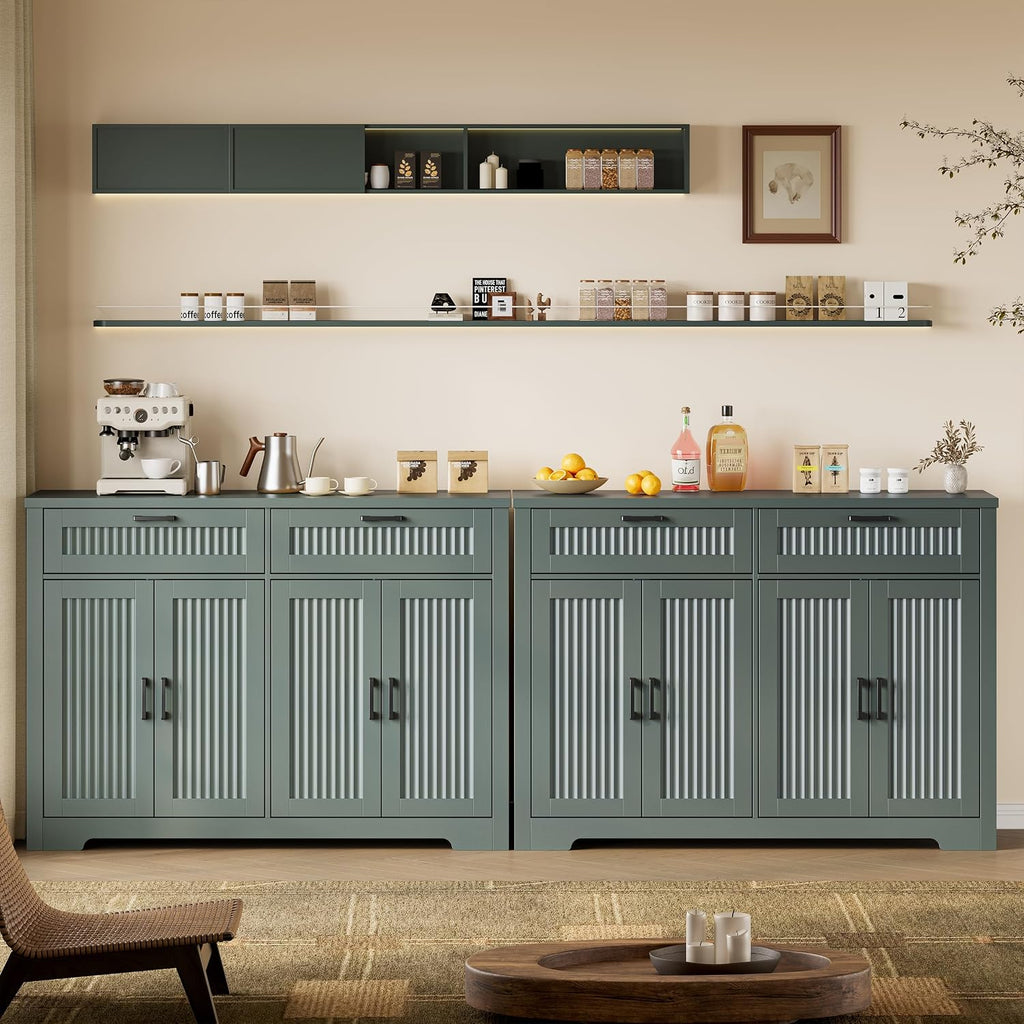 Fluted Buffet Sideboard Cabinet with Storages, Modern Buffet Table with 2 Drawers & 4 Doors, Wood Coffee Bar Console Table with Adjustable Shelves for Kitchen, Living Room, Dining Room, Green
