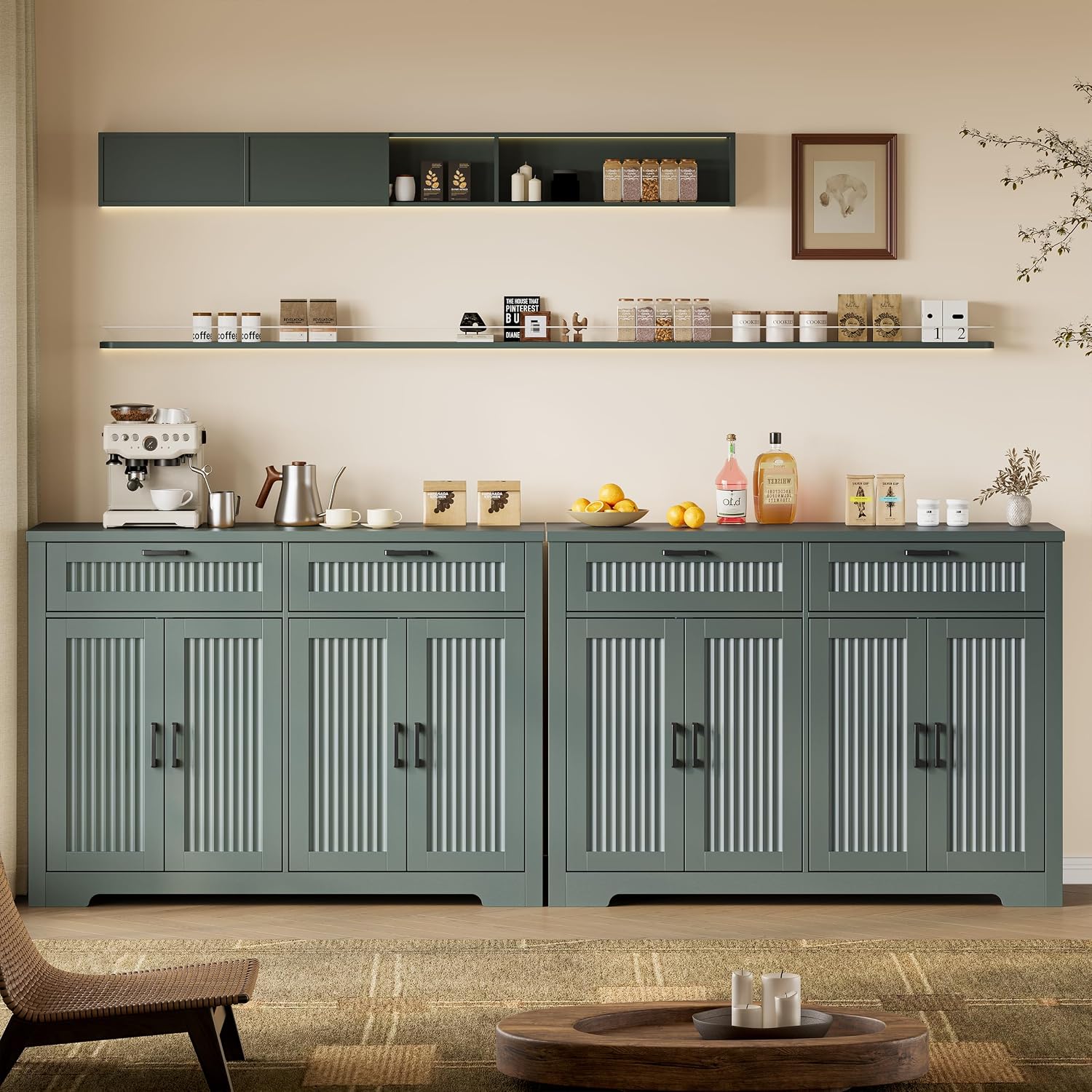 Fluted Buffet Sideboard Cabinet with Storages, Modern Buffet Table with 2 Drawers & 4 Doors, Wood Coffee Bar Console Table with Adjustable Shelves for Kitchen, Living Room, Dining Room, Green