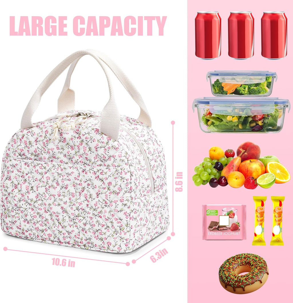 BuyCard Insulated Lunch Bag Women, Reusable Corduroy Cute Lunch Box, Leakproof Floral Lunch Tote Bag with Large Capacity, Small Cooler Lunch Container for Work Office Travel Picnic (Pink Floral)