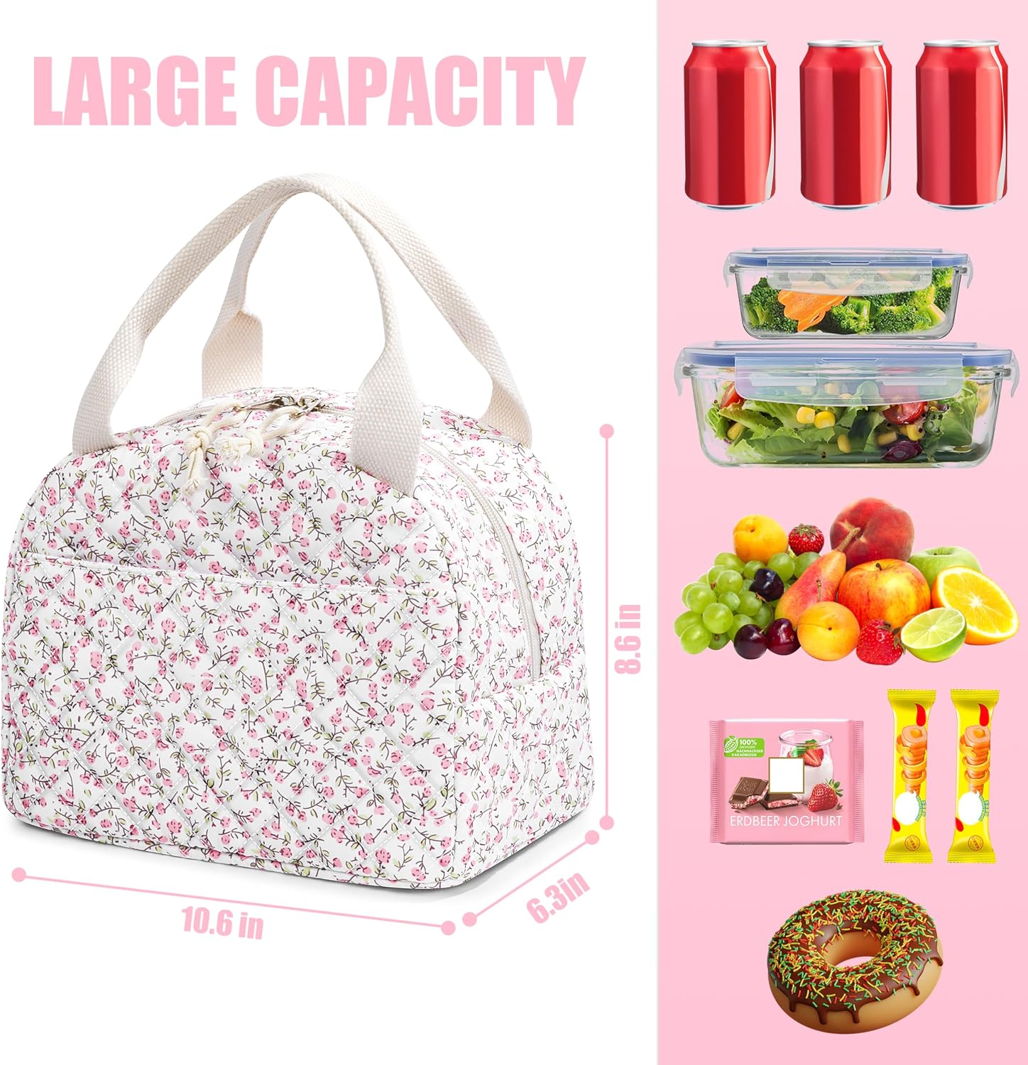BuyCard Insulated Lunch Bag Women, Reusable Corduroy Cute Lunch Box, Leakproof Floral Lunch Tote Bag with Large Capacity, Small Cooler Lunch Container for Work Office Travel Picnic (Pink Floral)