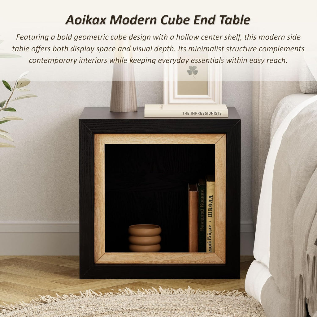 Aoikax Modern Cube End Table with Open Center Shelf, Geometric Wood Side Table with Hollow Storage, Minimalist Nightstand with Rectangular Shape for Living Room, Entryway, Office, Small Spaces, Black