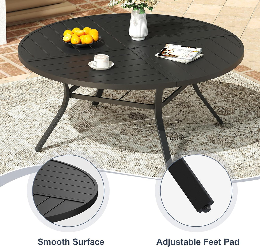 VICLLAX 53" Round Patio Dining Table for 6-8, All Weather Metal Outdoor Table with 1.57" Umbrella Hole and Surdy Frame for Garden Lawn Deck, Black