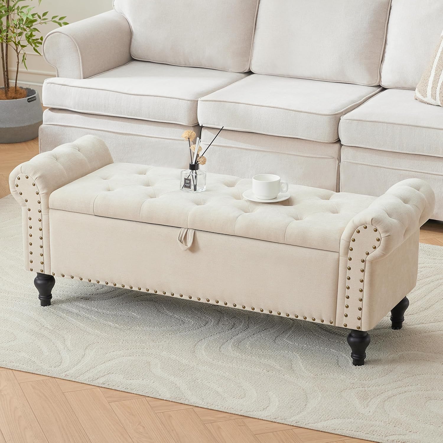 51" Storage Ottoman Bench, End of Bed Bench for Bedroom, Storage Ottomans for Foot of Bed, Chenille Upholstered Benches, Window Benches for Living Room, Entryway, Beige