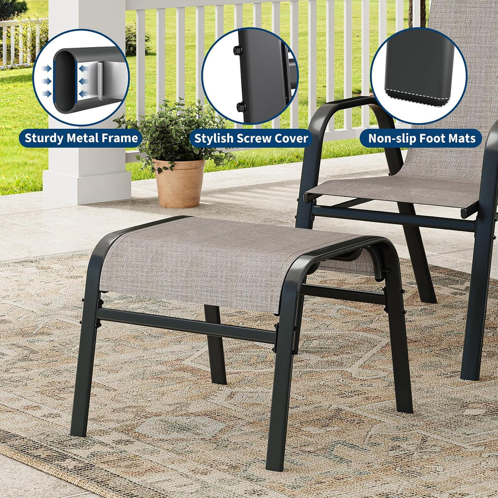 Outdoor Ottoman Set of 2, Comfort Outdoor Footstool with Supportive Textliene and Metal Frame, Stackable Oversized Outdoor Foot Rest for Patio, Garden, Pool, Balcony -Brown