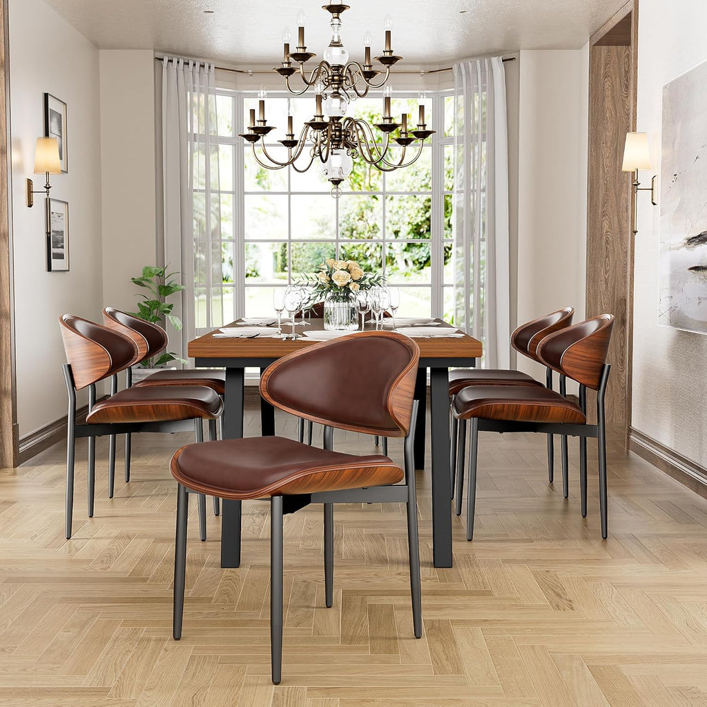 YaFiti Dining Chairs Set of 6, Dining Room and Kitchen Chairs, Mid Century Modern Retro Chair, Upholstered PU Leather Chairs for Vanity with Walnut Bentwood and Metal Legs(Brown)