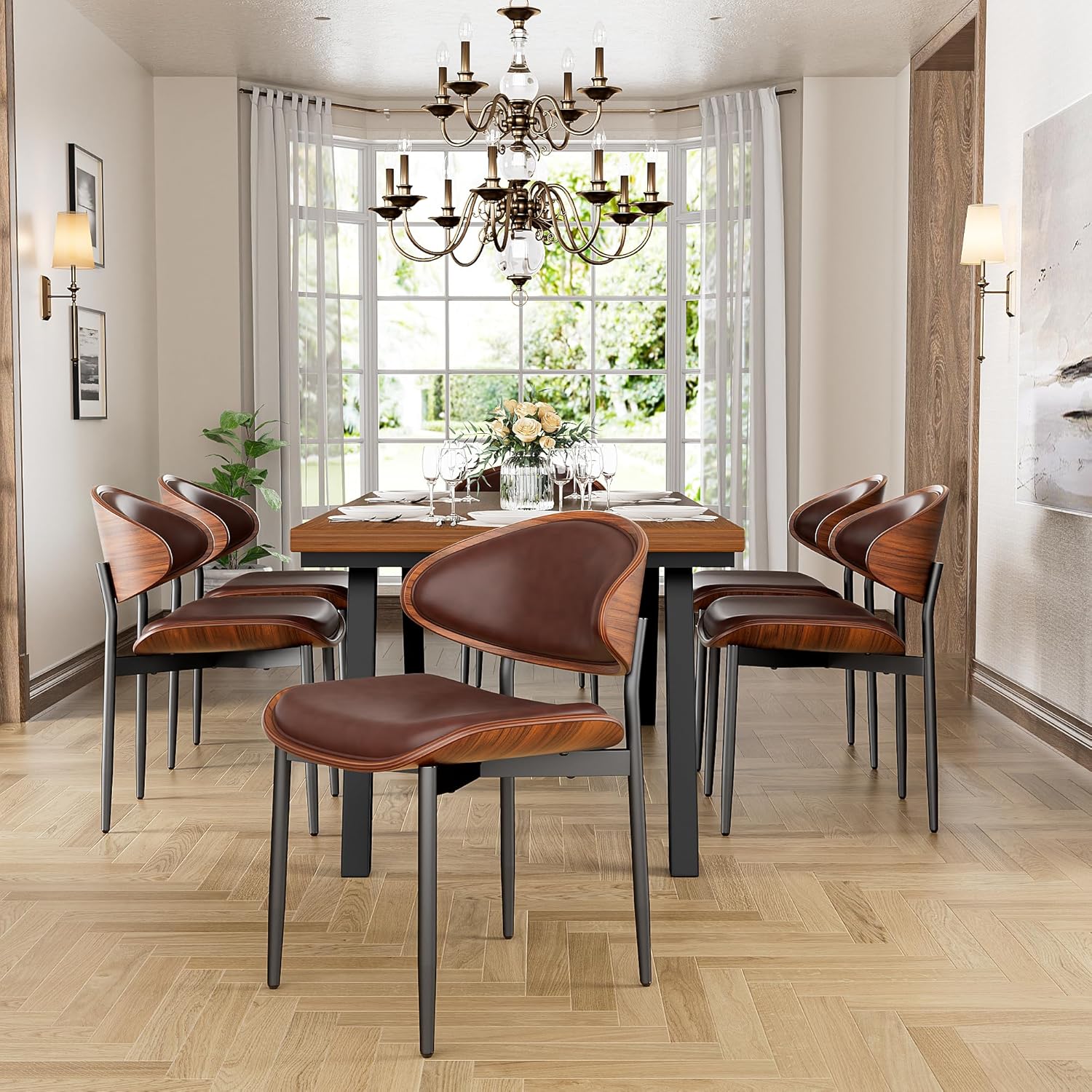 YaFiti Dining Chairs Set of 6, Dining Room and Kitchen Chairs, Mid Century Modern Retro Chair, Upholstered PU Leather Chairs for Vanity with Walnut Bentwood and Metal Legs(Brown)