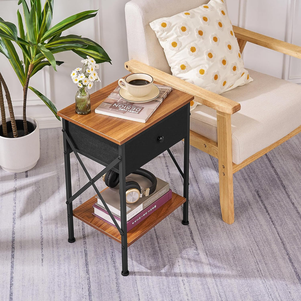 VECELO Nightstand Set of 2, X-Design End Side Table with Fabric Storage Drawer and Open Shelf, Bedside Night Stand with Steel Frame for Bedroom, Living Room,Dorm, Easy Assembly, Classic Brown