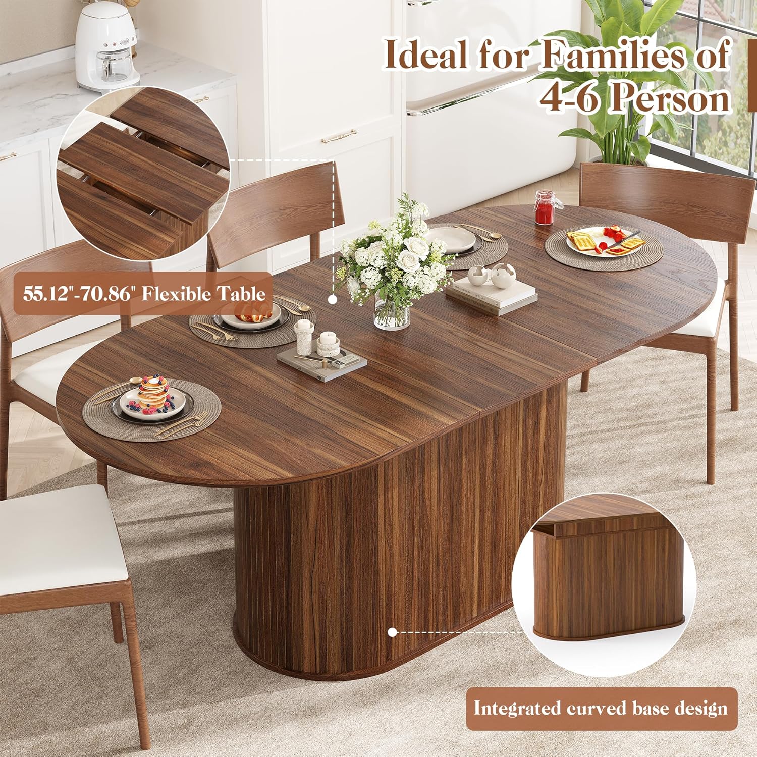 5-Piece Extendable Oval Dining Table Set for 4, 55"-71" Kitchen Table and 4 Beige Linen Chairs with Metal Legs, Wood Dining Room Table with MDF Tabletop&Base, Wulnat