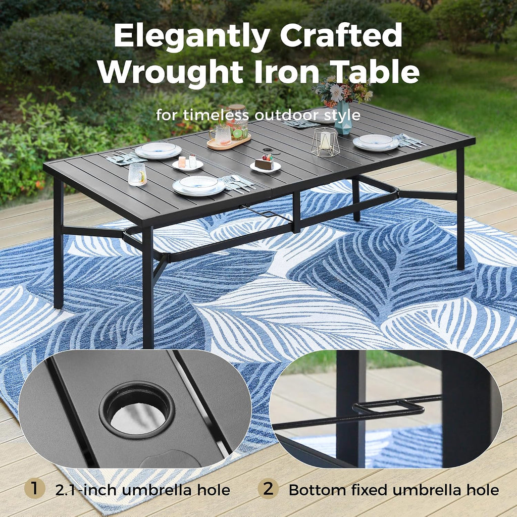 MIXPATIO Outdoor Patio Dining Table for 8, 83" x 39" Rectangular Metal Patio Dining Table with 1.7" Umbrella Hole, All Weather Wrought Iron Black Outdoor Table for Garden, Backyard and Porch