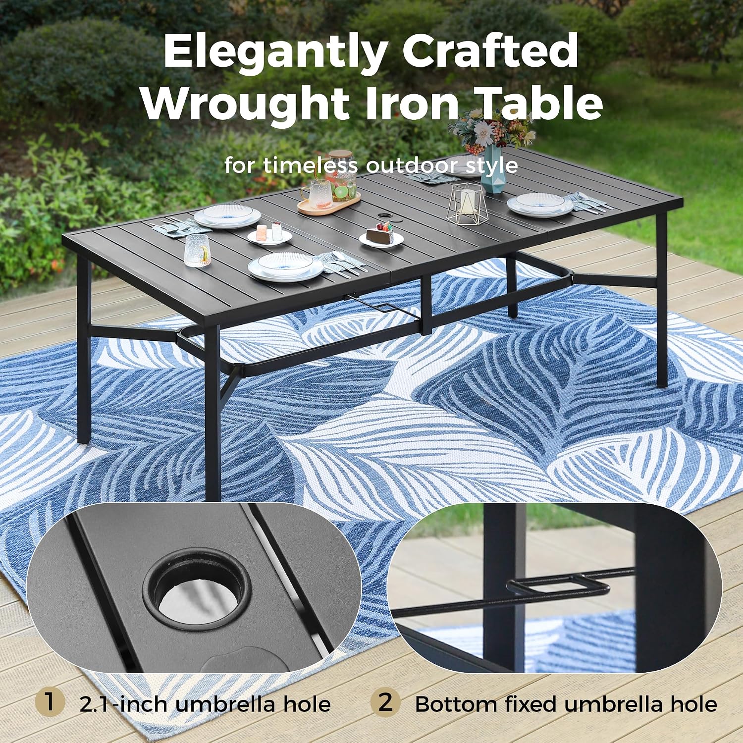 MIXPATIO Outdoor Patio Dining Table for 8, 83" x 39" Rectangular Metal Patio Dining Table with 1.7" Umbrella Hole, All Weather Wrought Iron Black Outdoor Table for Garden, Backyard and Porch