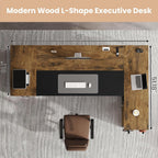 78" Executive Desk with Lockable File Cabinet, L Shaped Office Desk with Power Outlets, Large Executive Desk with Drawers and Storage Shelves, Reversible Computer Desk, Rustic Brown