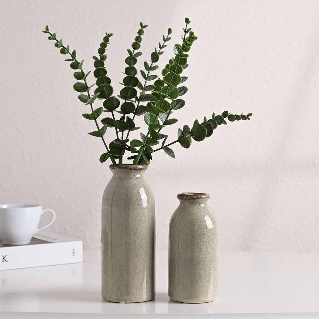 VICTOR & TERESA Green Ceramic Vases Home Decor, Farmhouse Vase for Flowers, Flower Vase Set of 2, Rustic Decorative Vases for Pampas Grass, Table, Living Room, Shelf, Centerpieces, 8 inch