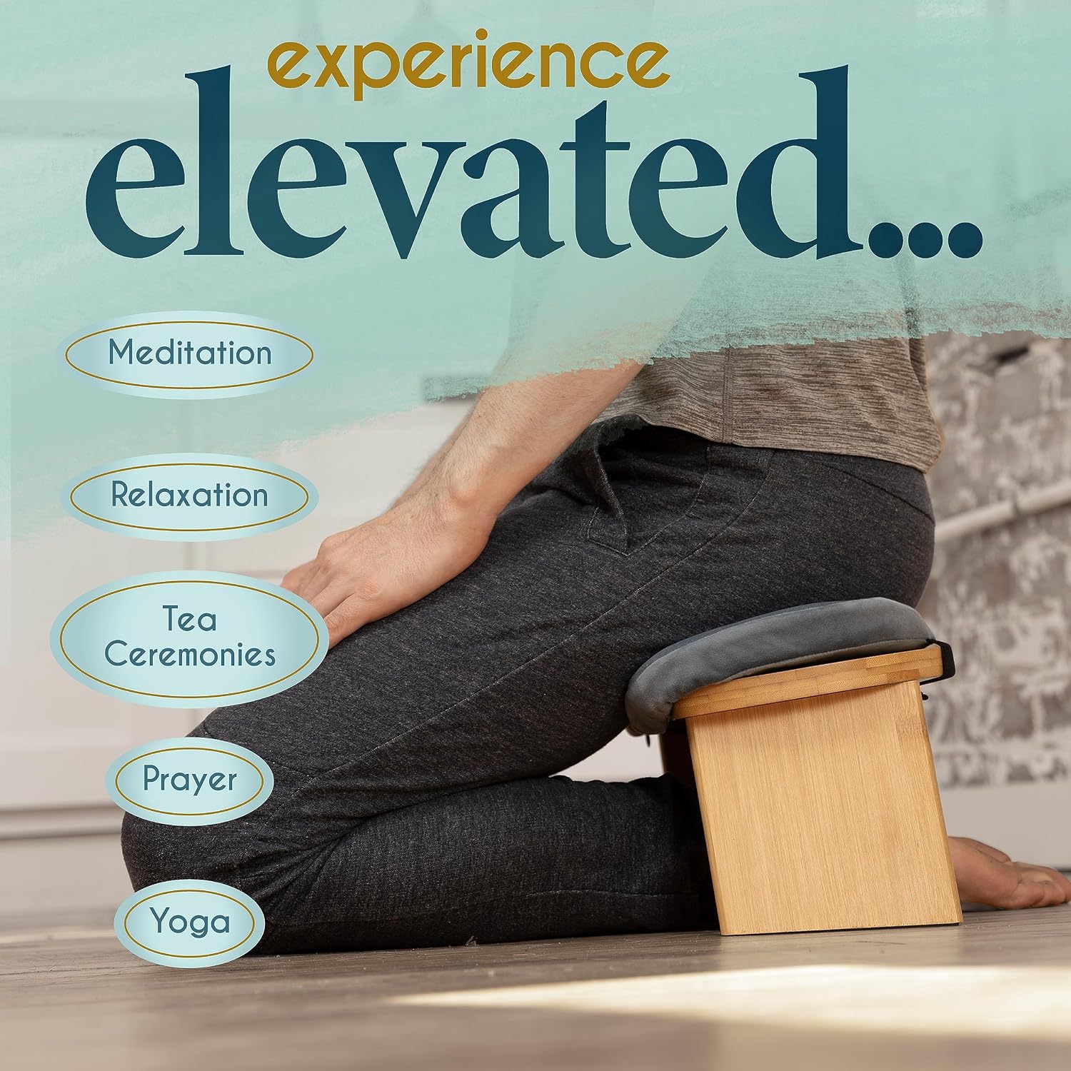 Florensi Folding Bamboo Kneeling Meditation Chair - 18 x 7 x 6 in, Grey, Portable Kneel-On Bench, Foldable Bench for Prayers, Stable Meditation Support & Anti-Slip Feet