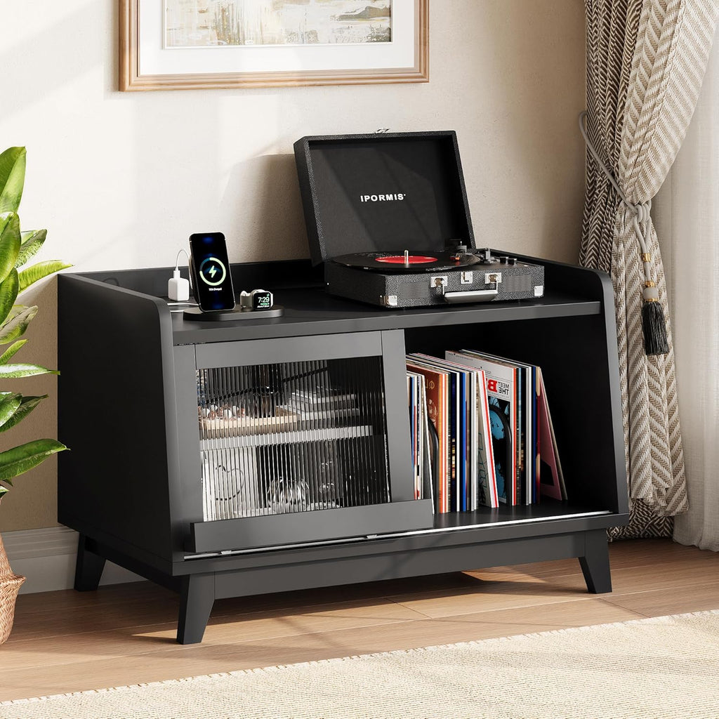 iPormis Record Player Stand with Vinyl Storage Up to 200 Albums, Record Player Table with Sliding Doors, Charging Station, Adjustable Shelf, Turntable Stand with Record Storage for Living Room, Black