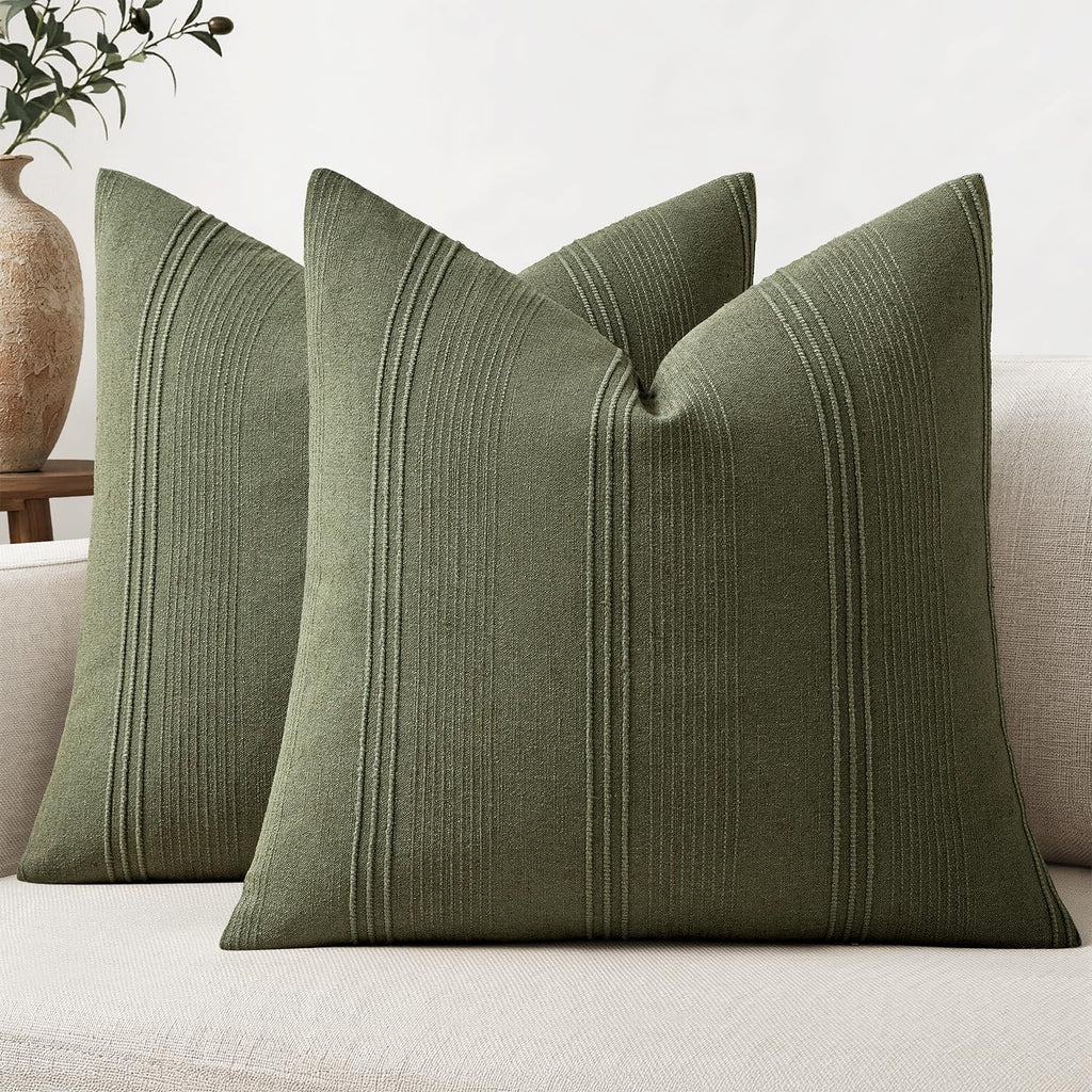 MIULEE Striped Throw Pillow Covers 20x20 Decorative Textured Pillow Covers Pack of 2 Linen Cushion Cases for Couch Bed Sofa Livingroom Farmhouse Home Decor, Olive Green