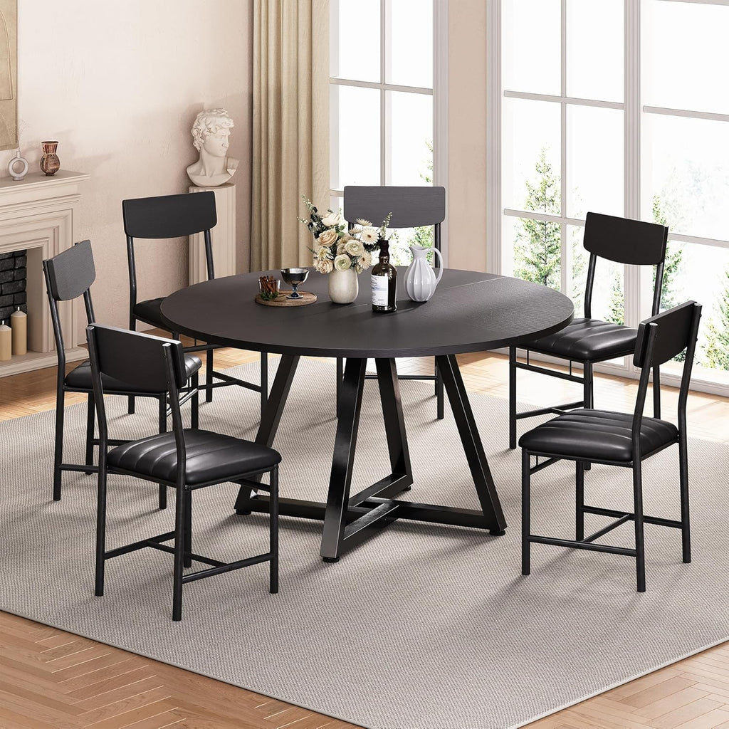 Round Dining Table Set for 6, Kitchen Table and Chairs for 6, Circle Table Round Pedestal Dining Room Dinner Dinette Table Set,7 Piece Space Saving Wood Kitchen & Dining Room Tables (Black, 51In)