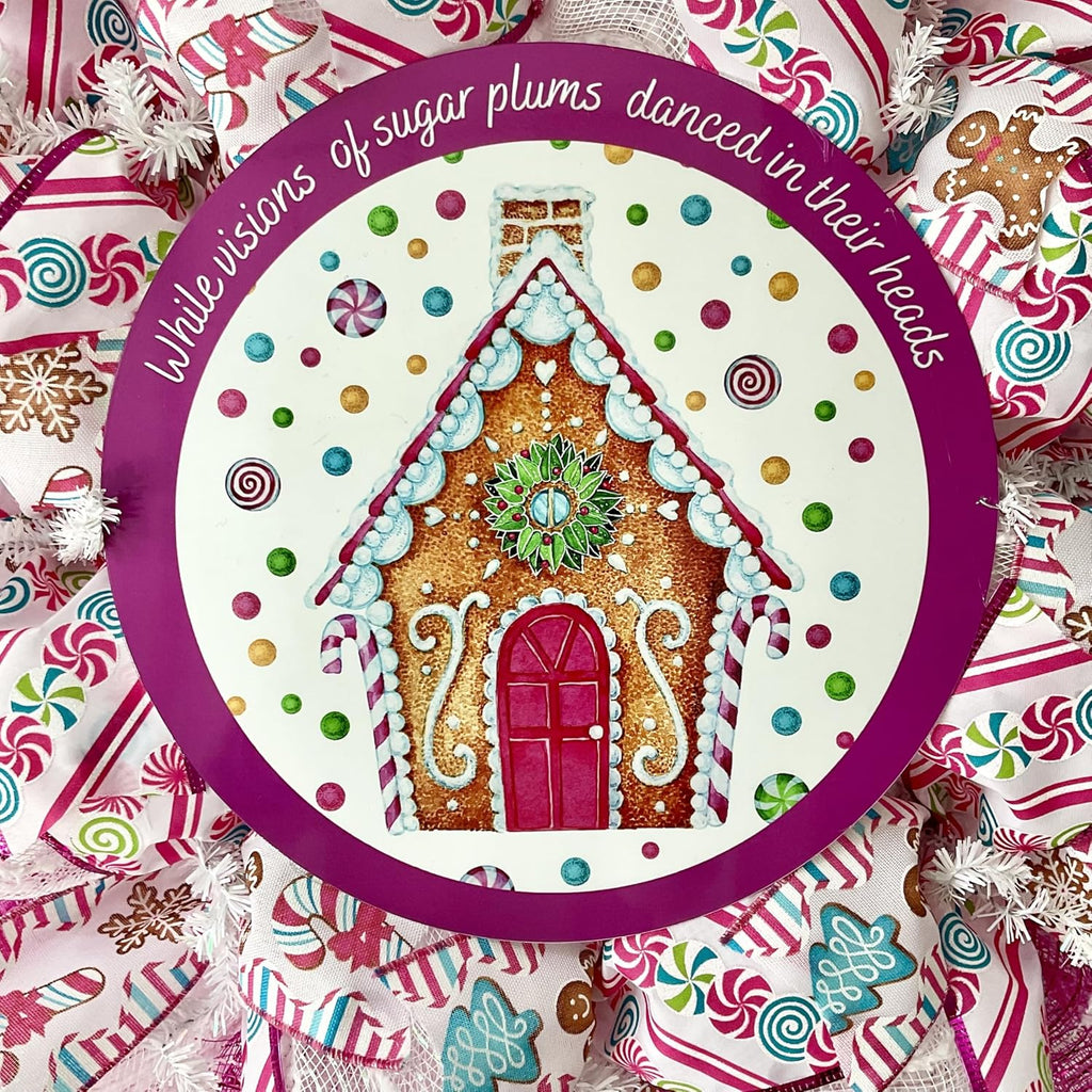 Gingerbread Sugar Plum House Christmas Wreath Handmade Deco Mesh Available in 24 inch and 28 inch diameters