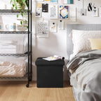 Seville Classics Cushioned Fabric Ottoman Hidden Storage Chest Footrest Chair, Padded Seat for Bedroom, Dorm, Loft, Living Room, Entryway, Hallway, Black Boucle, 15.7" Cube
