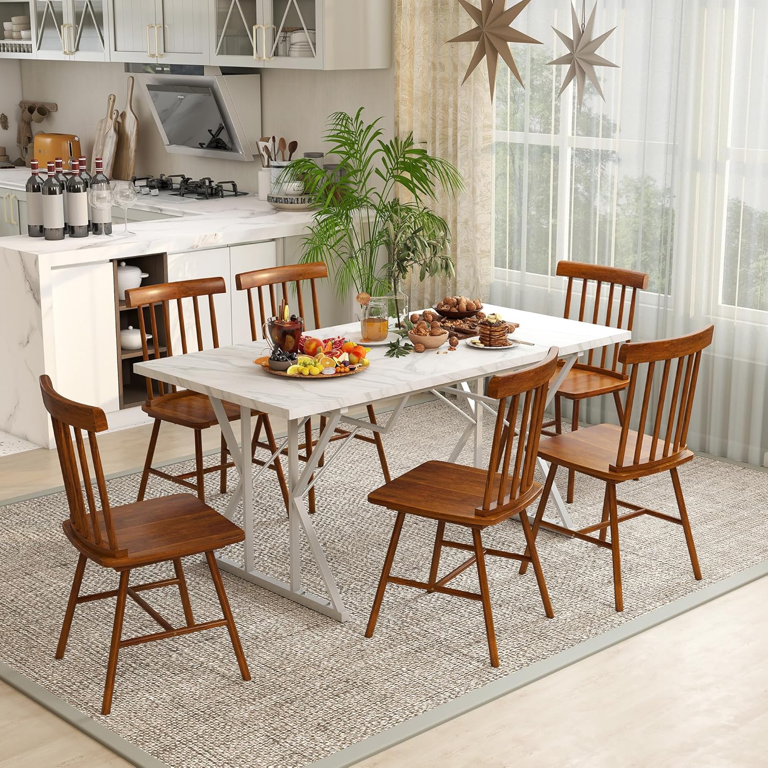 HOMCOM Windsor Dining Chairs Set of 4, Farmhouse Wooden Kitchen Chairs with Rubber Wood Frame and Spindle Backrest for Dining & Living Room, Light Brown