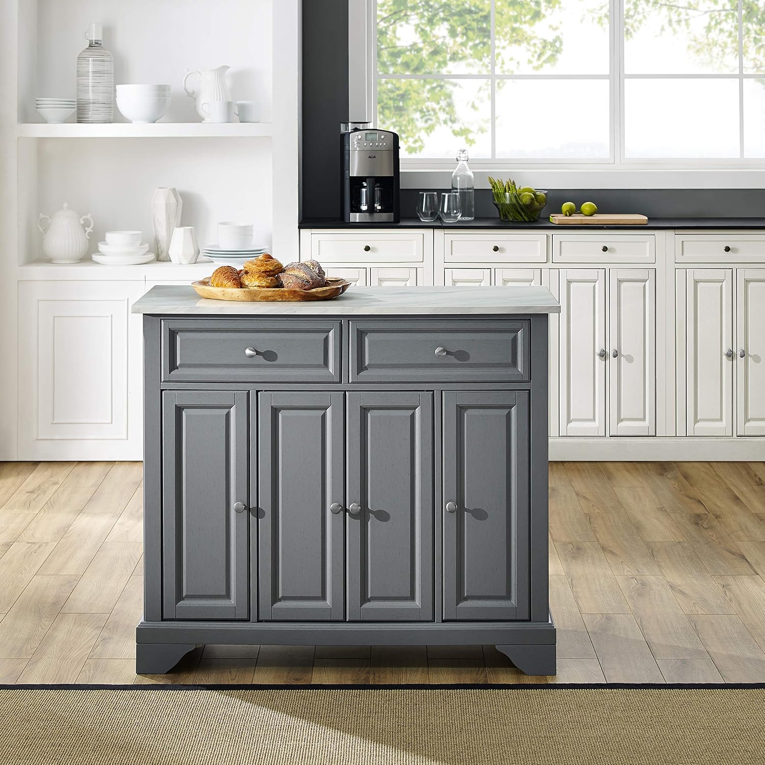 Crosley Furniture Avery Kitchen Island with Storage Shelves, Microwave Stand, Coffee Bar, Gray