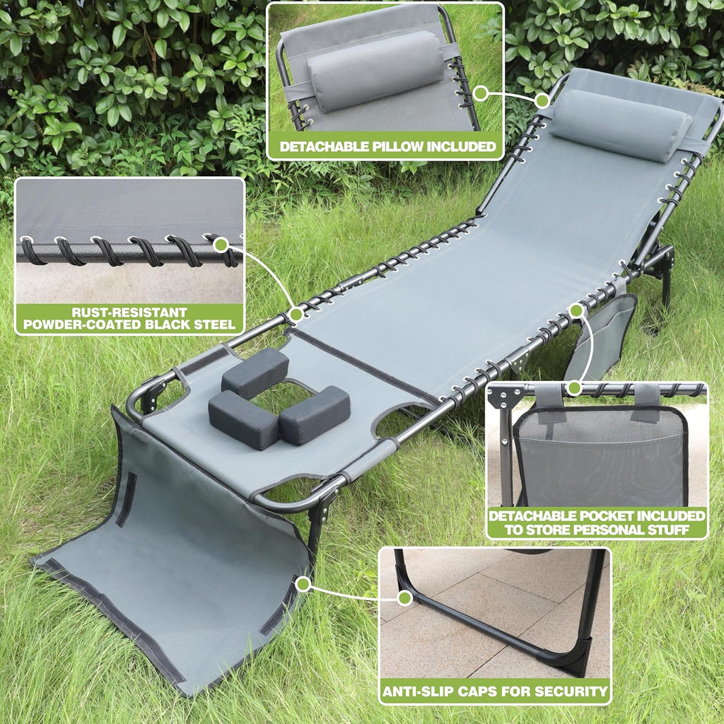 MUPATER Tanning Chair with Face Hole, Patio Chaise Lounge Chair with 5-Position Adjustable Backrest, Removable Pillow & Pocket, Folding Lounger Recliner for Beach, and Pool Sunbathing, Gray