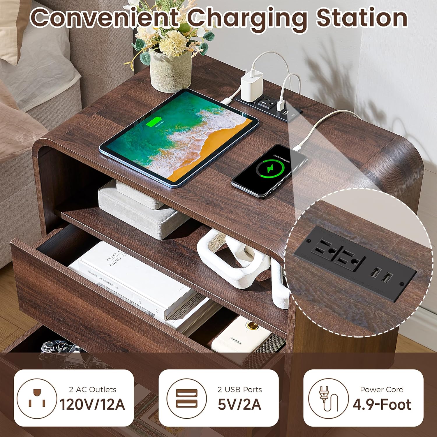 Standifurno Modern Walnut Nightstand, 25" Tall Wooden Bedside Table with Charging Station, 2 Storage Drawers Side Table Curved Profile, Handleless, Large End Table Night Stand for Bedroom, Office