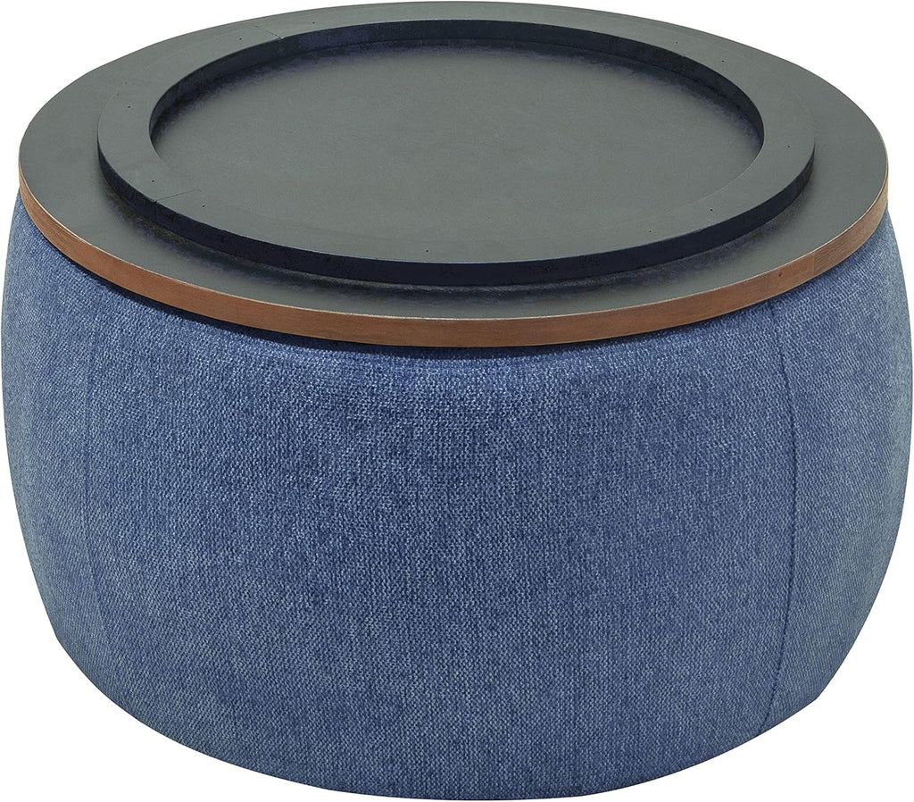 TTK Round Ottoman Coffee Table with Storage, 25.5" Large Circle Storage Ottoman with Tray, Modern Foot Stools Chenille Padded Bench Ottomans upholstered Coffee Tables for Living Room (Navy Blue)