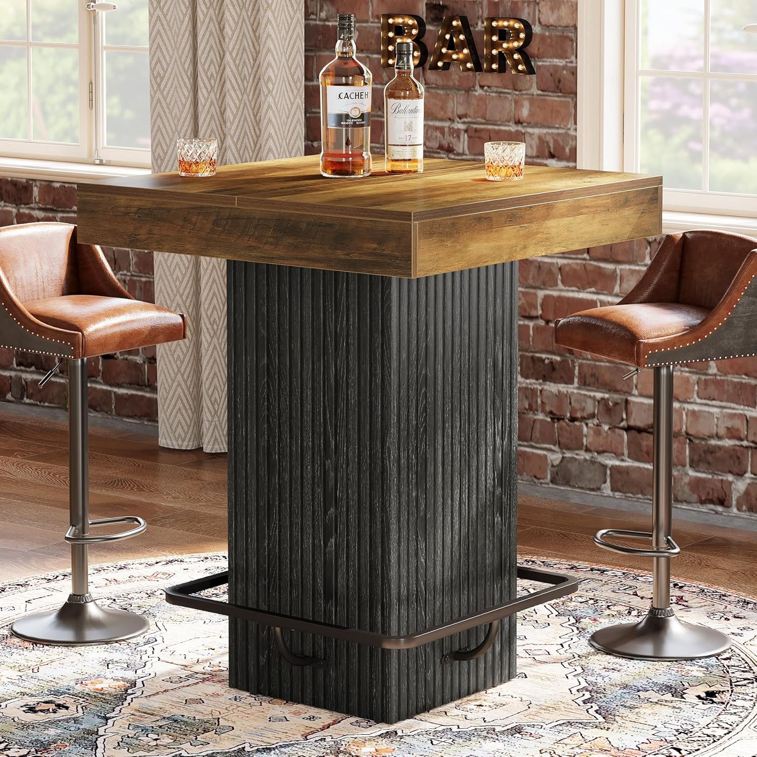 Tribesigns Square Bar Table, Kitchen Dining Table, Industrial Counter Height Pub Cocktail Table Home Bar Unit with Metal Footrest for Dining Room, Tavern, Coffee Corner, Bistro, Rustic Brown